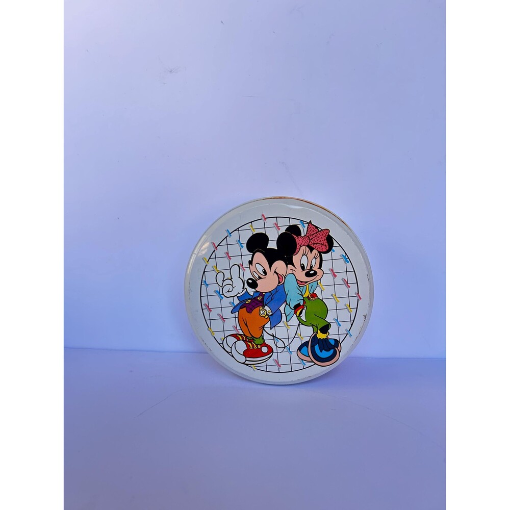 Vintage Mickey and Minnie Mouse Round Tin | 1980 1990s Memphis Style Grid Design